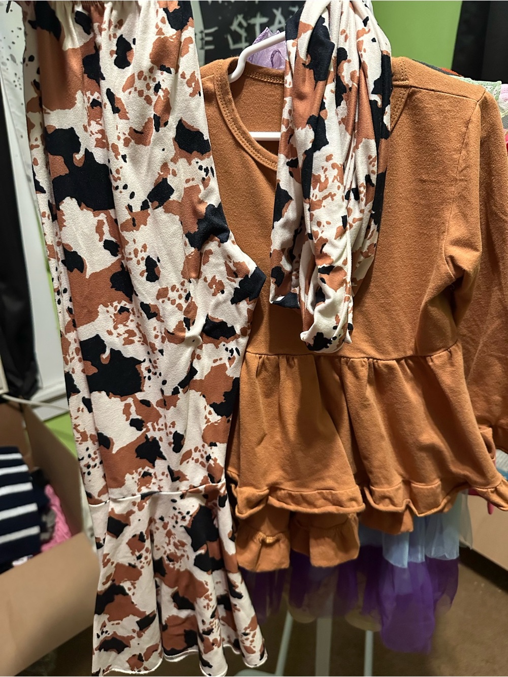 Girls Rust Peplum Top with Cowprint Scarf and Bell Bottoms